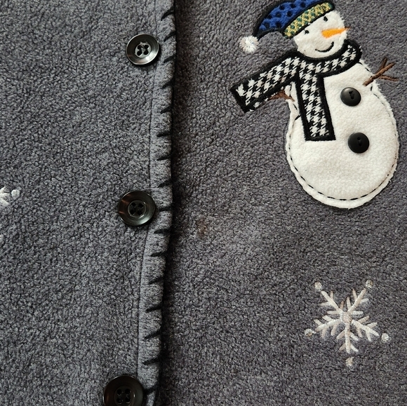 Capacity sz 2X Snowman Holiday Button Up Fleece Sweater Grey w/ Appliqués - Picture 5 of 5
